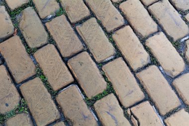 Islak taş yolun en üst manzarası. Granit desenli eski bir asfalt. Odessa 'da kaldırım taşı kaldırımı. Tasarım için soyut arkaplan.