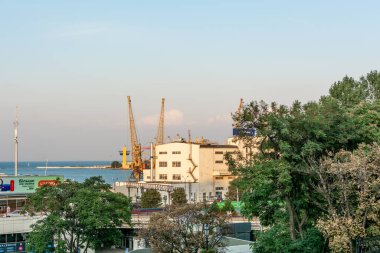Ukrayna, Odessa - 23 Ağustos 2019: Odessa limanındaki ağır liman vinçleri, liman terminali manzarası.