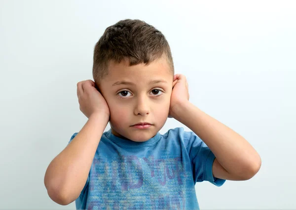 Little Boy Shouts Covered His Ears His Hands Stressed Child Royalty Free Stock Photos