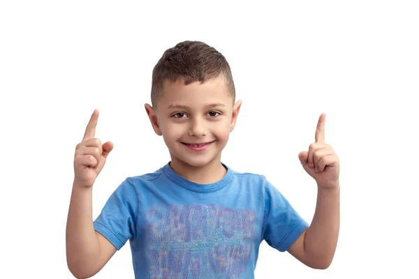 Emotions Cheerful Boy Who Holding Two Fingers Isolated White Background — Stock Photo, Image