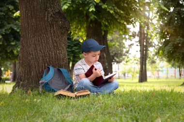 Çocuk parkta bir kitap okuma