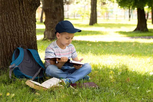 Menino no parque lendo um livro — Fotografia de Stock