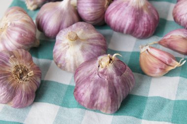 Sarımsak basın, kafaları ve karanfil ahşap arka plan üzerinde kompozisyonu 