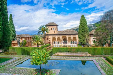 Tarihi Alhambra kompleksi içindeki Partal Gardens 'ın çarpıcı manzarası. Sakin gölet, yemyeşil çitler ve güzel Nasrid mimarisi mükemmel bir görüntü oluşturur..