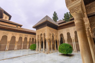 Zarif Mağribi kemerleri ve sütunları İspanya 'nın Granada kentindeki Alhambra Sarayı' ndaki Aslanlar Sarayı 'nı kiremitli çatılar ve tarihi avlunun cazibesini artıran yemyeşil bitkilerle süslüyor..