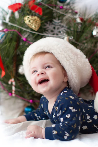 Infant Santa Hat Christmas Tree New Year Stock Picture