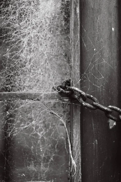 Cobweb на двери с висячей цепью — стоковое фото