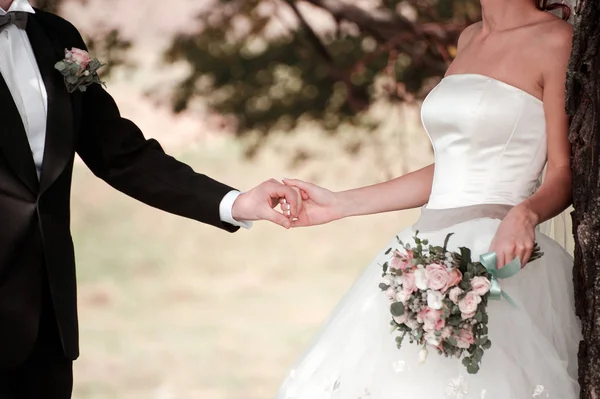 Le mec tient romantiquement la copine de la mariée par la main — Photo