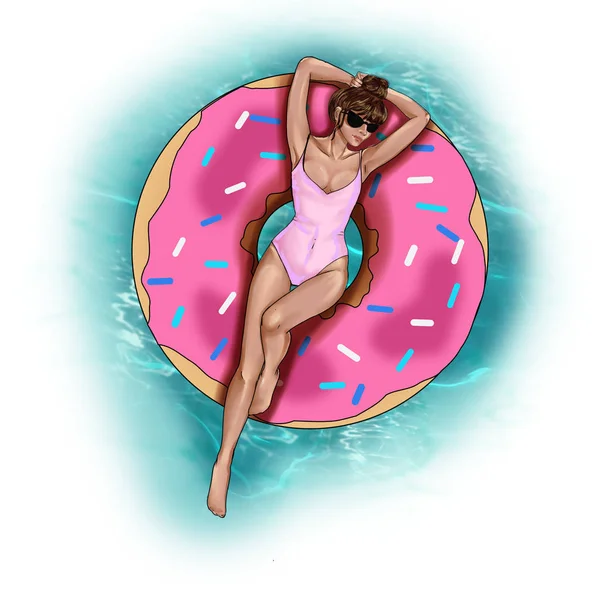 Mode Illustratie Hand Getrokken Rasterafbeelding Meisje Donut Zwembad Float — Stockfoto