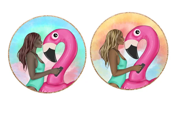 Fashion Illustration of girl kissing flamingo float