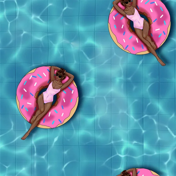 Бесшовный Узор Девушка Лежит Бассейне Надувной Пончик Водном Фоне — стоковое фото