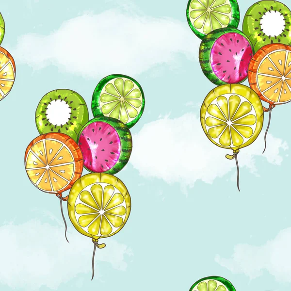 Seamless Pattern - Fruit Balloons flying in blue sky