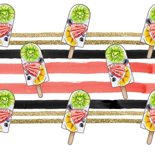 Seamless Pattern Popsicles Gyümölcs Akvarell Csíkok — Stock Fotó