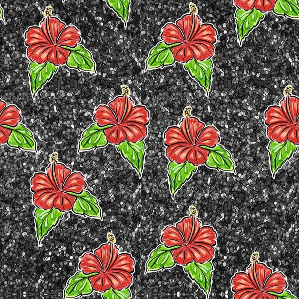 Modello Senza Cuciture Fiore Disegnato Mano Tropicale Sfondo Nero Glitter — Foto Stock