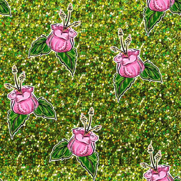 Seamless Pattern Rózsaszín Egzotikus Virág Zöld Fénylik Háttér — Stock Fotó