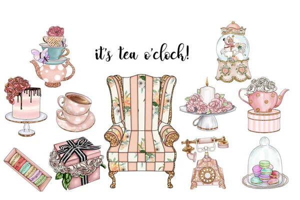 Kolekce Shabby Chic Položek Tea Party Set Ručně Vyráběné Rastrové — Stock fotografie