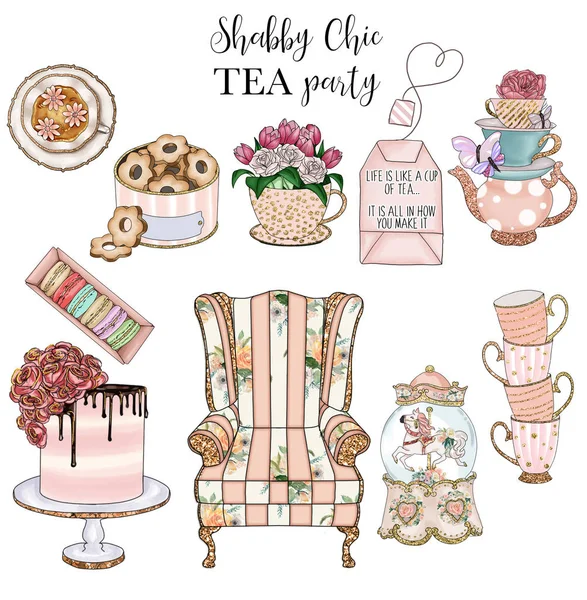 Collezione Articoli Shabby Chic Tea Party Set Clip Art Raster — Foto Stock