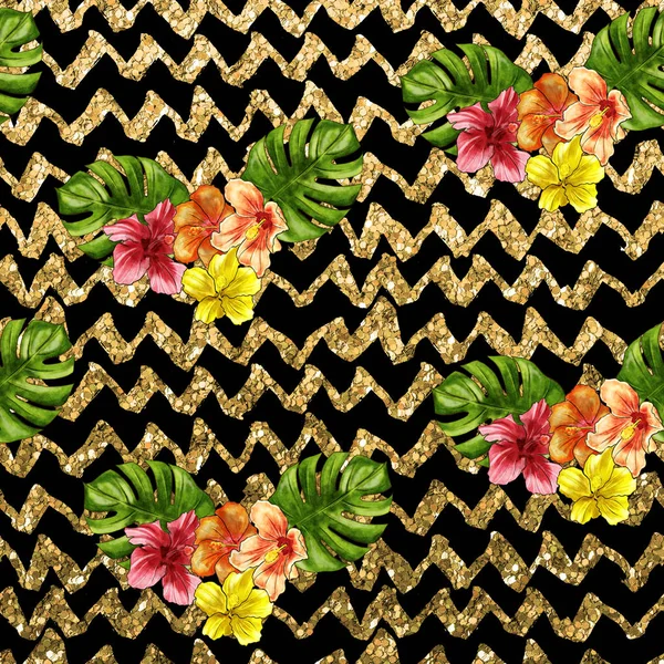 Patrón Sin Costura Flor Tropical Dibujada Mano Líneas Chevron Brillo — Foto de Stock