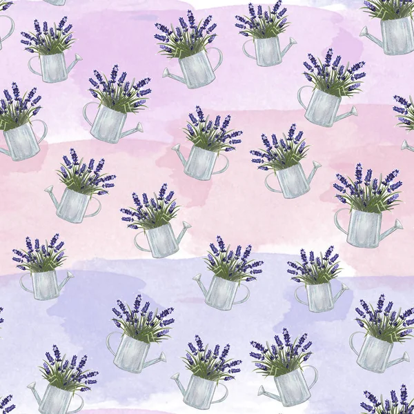 Seamless pattern - lavender watering cans on ombre pattern background