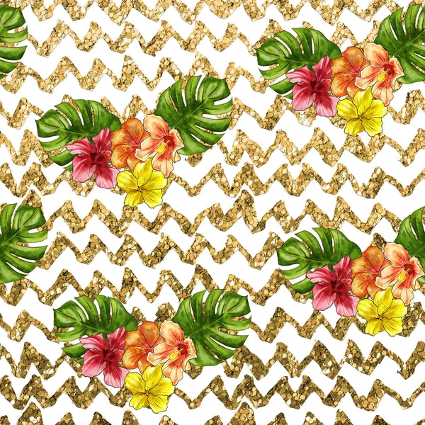 Seamless Pattern - hand drawn tropical flower on glitter chevron lines