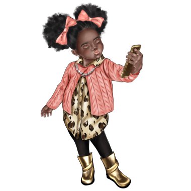 Hand Made illustration - cute dark skin baby girl taking a selfie 