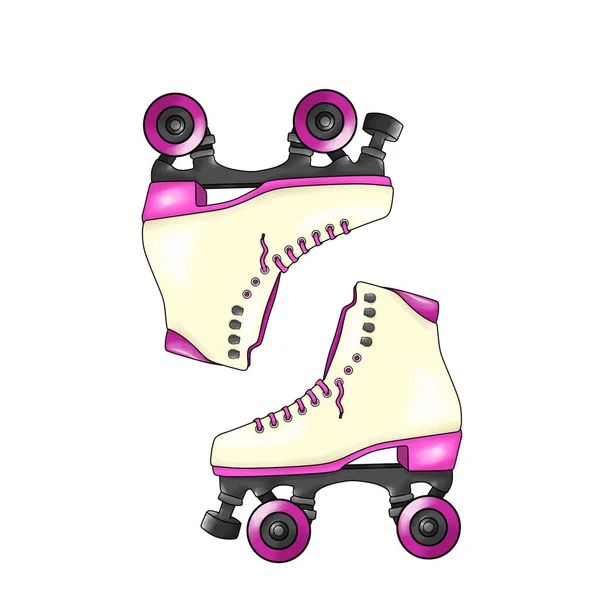 Pair of vintage colorful roller skates with pink laces, sketch style, hand drawn illustration isolated on white background - Illustration