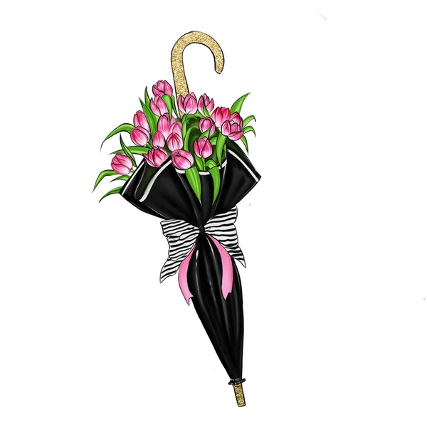 Ilustração Desenhada Mão Tulipas Dentro Guarda Chuva Preto Ilustração — Fotografia de Stock