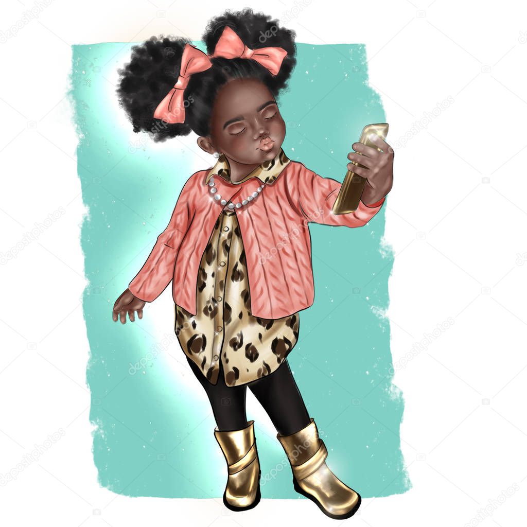 Hand Made illustration - cute dark skin baby girl taking a selfie 