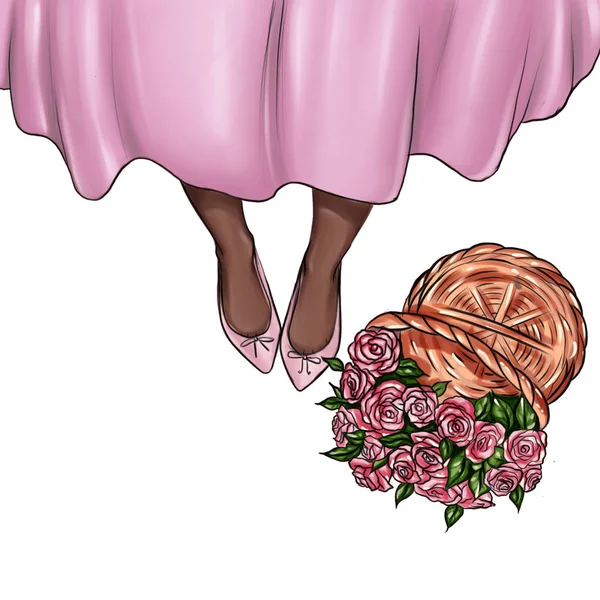 Ручної Роботи Ілюстрація Дівочого Взуття Кошик Свіжих Троянд — стокове фото
