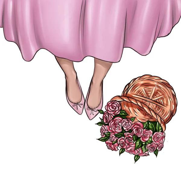 Illustrazione Fatta Mano Scarpe Ragazza Cesto Rose Fresche — Foto Stock