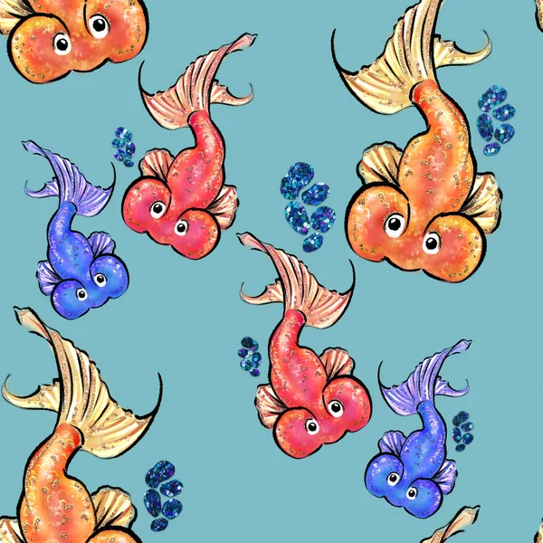 SEAMLESS PATTERN WITH HAND DRAWN CARTOON FISHES ON BLUE BACKGROUND