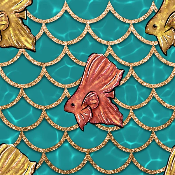 HAND DRAWN MARINE SEAMLESS PATTERN WITH FISHES ON A GOLD SCALE PATTERN AND WATER BACKGROUND
