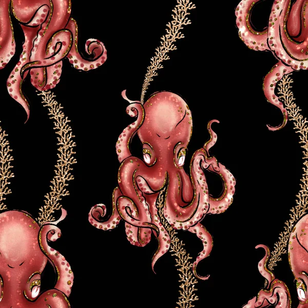 SEAMLESS PATTERN OF OCTOPUS ON BLACK BACKGROUND AND GLITTER SEAWEED