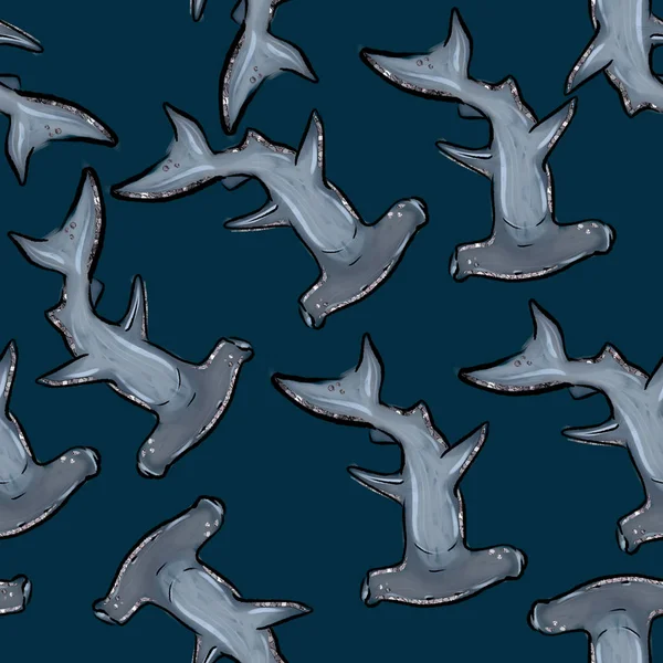 Seamless Pattern Sharks Dark Blue Background — Stock Photo, Image