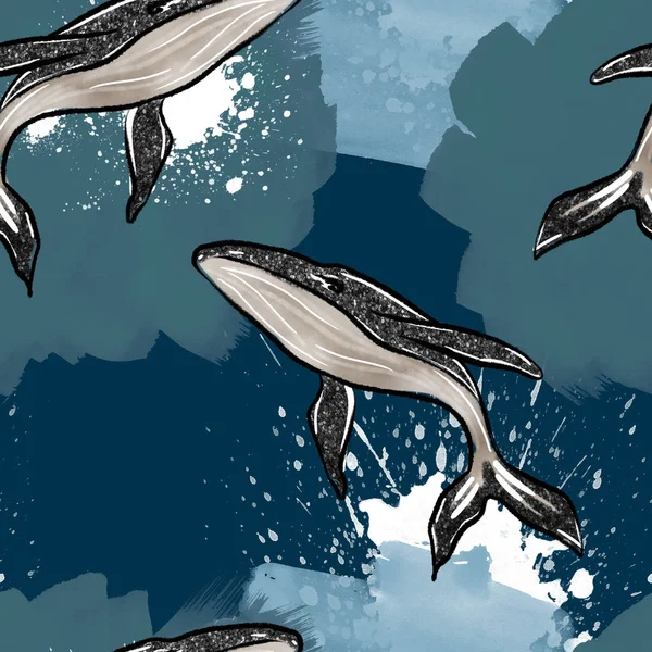 Pozadí Plynulými Vzory Velryby Blue Bílá Akvarel Štětce Pozadí — Stock fotografie
