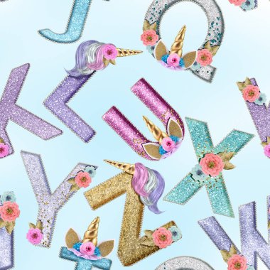 yumuşak pastel arka plan dikişsiz desen glitter yazı tipleri tek boynuzlu at Alfabesi