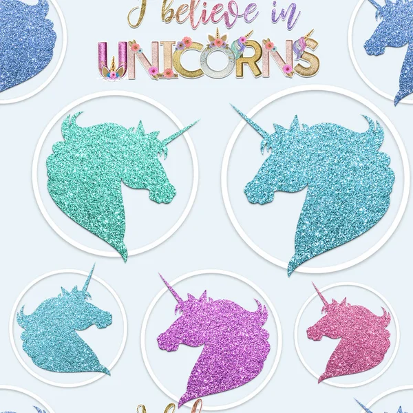 I believe in Unicorns seamless pattern - Unicorn glitter silhouette on pastel blue background