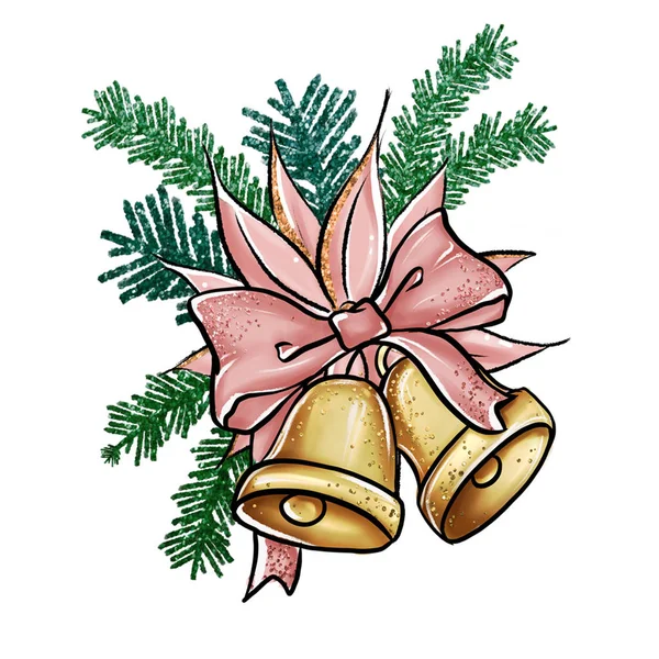 Illustrazione Mano Campanelli Natale Pine Branch Fiori Natale — Foto Stock