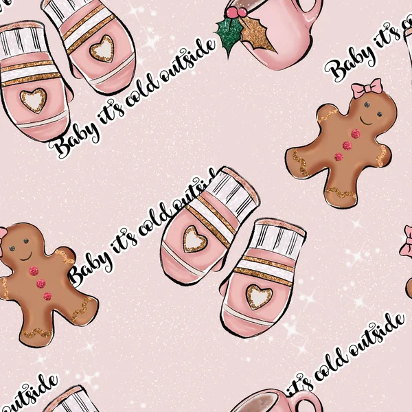 Hand Drawn Winter Christmas Seamless Pattern Gingerbread Man Cookie Cup — Photo