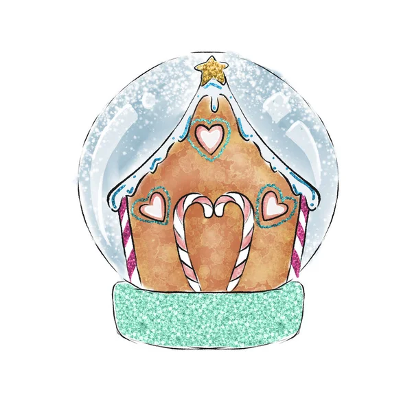 Εικονογράφηση Του Σπιτιού Των Χριστουγέννων Μελόψωμο Μια Χιονόμπαλα — Φωτογραφία Αρχείου