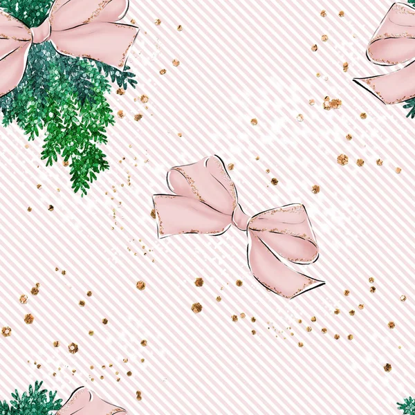 Μόδα Χριστούγεννα Seamless Pattern Τόξα Και Πεύκο Υποκατάστημα Διαγώνια Ρίγες — Φωτογραφία Αρχείου