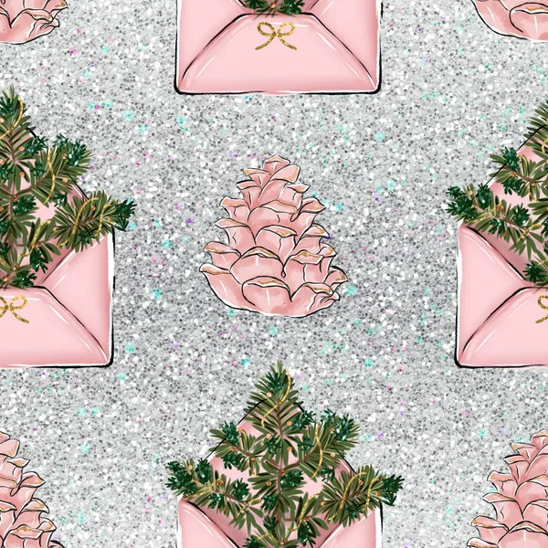 Fashion Christmas Seamless Pattern Pine Cones Santa Klaus Letter Pine — Fotografia de Stock