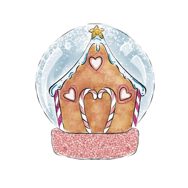 Illustration Des Weihnachtlichen Lebkuchenhauses Einer Schneekugel lizenzfreie Stockbilder