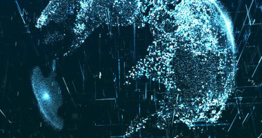 Koyu arkaplanda parlak mavi neon veri matris resim şablonu