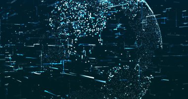 Koyu arkaplanda parlak mavi neon veri matris resim şablonu