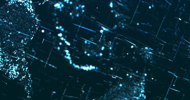 Koyu arkaplanda parlak mavi neon veri matris resim şablonu