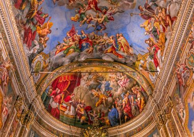 Acireale, Sicilya, İtalya, 11 Haziran 2018: San Sebastiano kilisede, freskleri ayrıntıları, 11 Haziran 2018, Acireale, Sicilya, İtalya