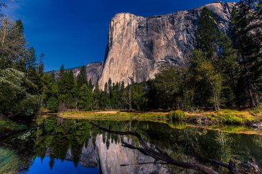 El Capitan 'ın dünyaca ünlü kaya tırmanışı duvarı, Yosemite Ulusal Parkı, Kaliforniya, ABD