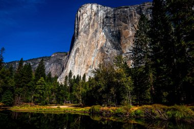 El Capitan 'ın dünyaca ünlü kaya tırmanışı duvarı, Yosemite Ulusal Parkı, Kaliforniya, ABD