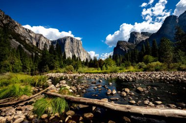 El Capitan 'ın dünyaca ünlü kaya tırmanışı duvarı, Yosemite Ulusal Parkı, Kaliforniya, ABD